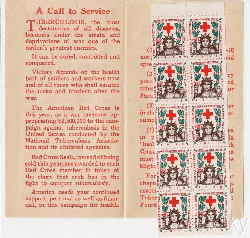 1918-2x3, WX22a, 1918 U.S. Red Cross Christmas Seals Pane, Type 2 