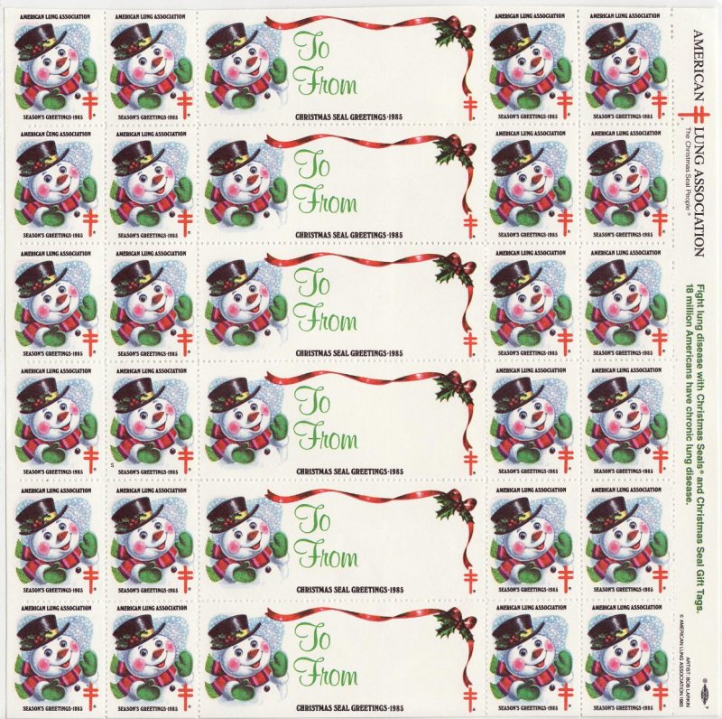 1985-1x2, 1985 U.S. Christmas TB Seals, pm S, Sheet/30, MNH