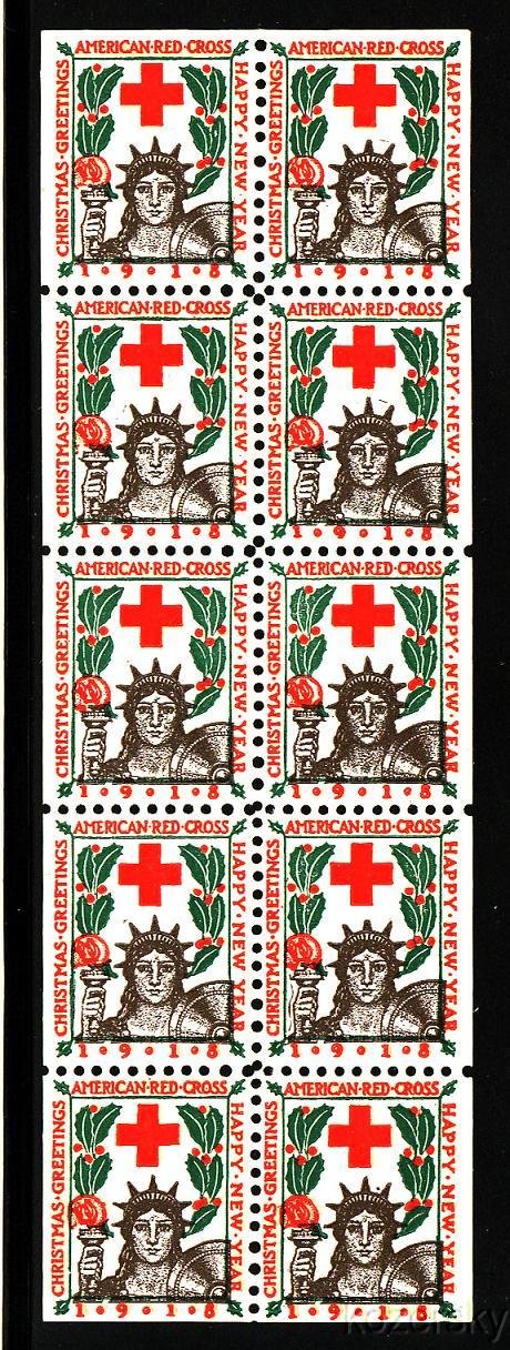 1918-1.6x2, WX21c, 1918 U.S. Red Cross Christmas Seals Booklet Pane, Type 1