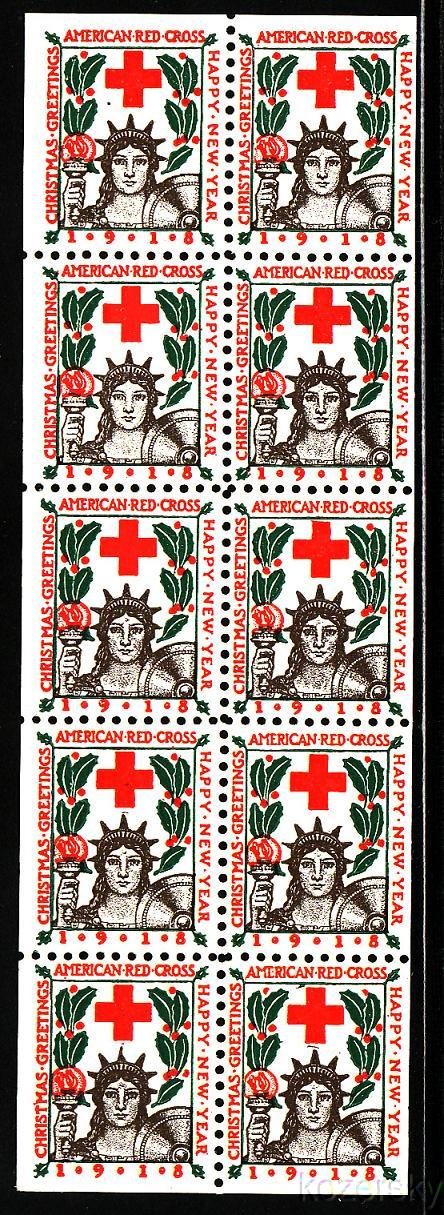 1918-1x2, WX21d, 1918 U.S. Red Cross Christmas Seals Booklet Pane, Type 1 