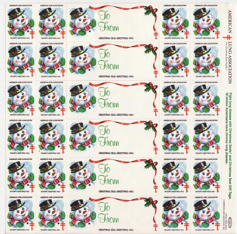 1985-2x2, 1985 U.S. Christmas TB Seals, pm F, Sheet/30, MNH