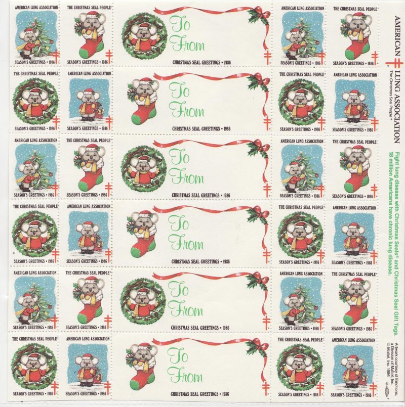 1986-1x2, 1986 U.S. Christmas TB Seals, pm S, Sheet/30, MNH