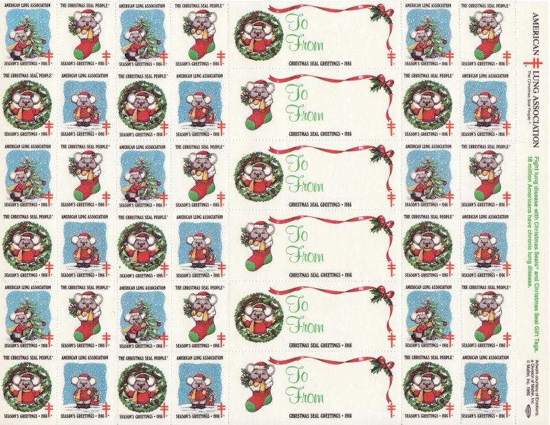 1986-2x2, 1986 U.S. Christmas TB Seals, pm F, Sheet/42, MNH
