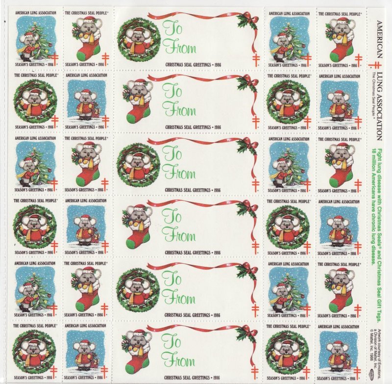 1986-2x5, 1986 U.S. Christmas TB Seals, pm F, Sheet/30, MNH.