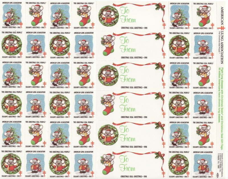 1986-3x1, 1986 U.S. Christmas TB Seals, pm M, Sheet/42, MNH