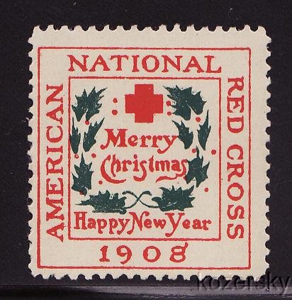 8-1B.2, WX3c, 1908 U.S. Red Cross Christmas Charity Seal Type 1B SqBg