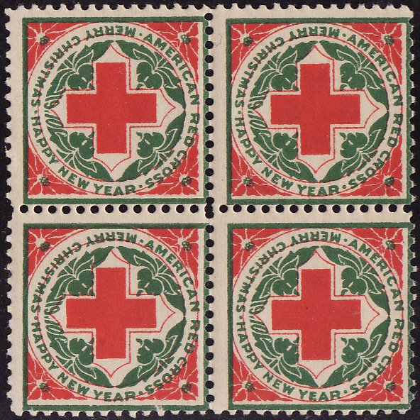 1910-1, WX6, 1910 U.S. Red Cross Christmas TB Seals Block, perf. 12