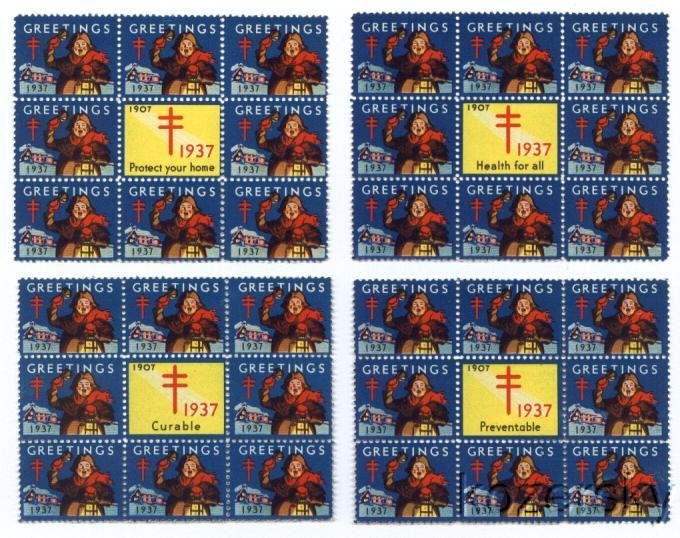  1937 U.S. Christmas Slogan Seals Block Collection, perf. 12 1/2 x 12 1/2