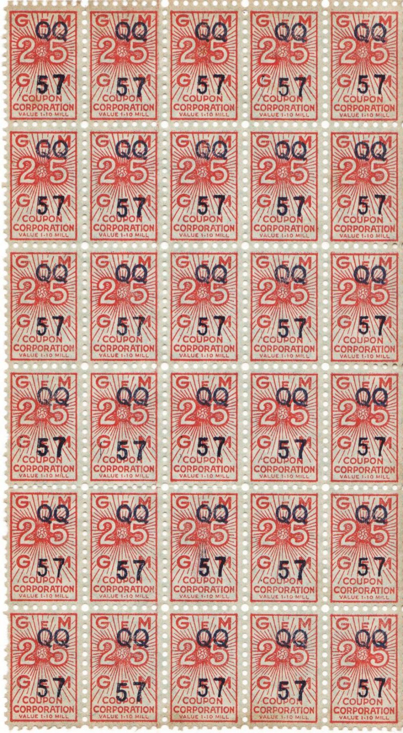 Gem Trading Stamps, Series QQ, No. 57, Sheet of 30 stamps