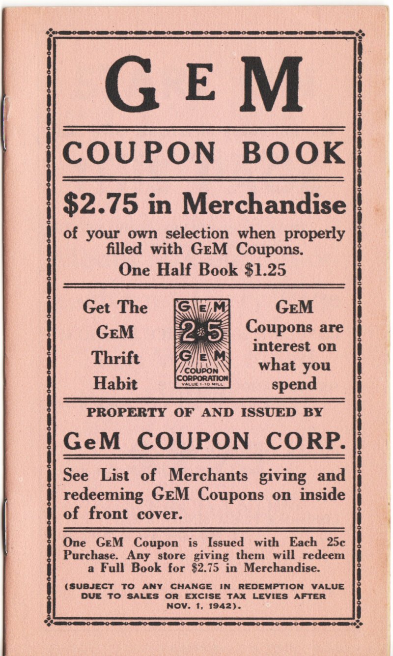 Gem Trading Stamps Saver Book, 1942, Mint!
