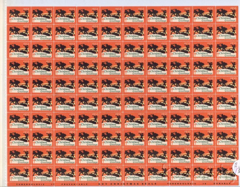 1933-2x, WX69, 1933 U.S. National Christmas Seals Sheet, pm S