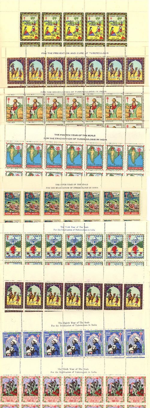 India 1x-10x, India TB Charity Seals, Sheet Collection, 1941-49, MNH