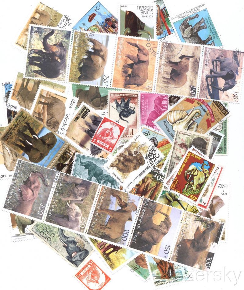 Elephants on Stamps, Topical Stamp Packet,    25 different stamps