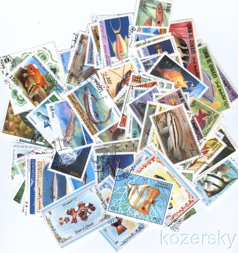 Fish on Stamps, Topical Stamp Packet,  50 different stamps