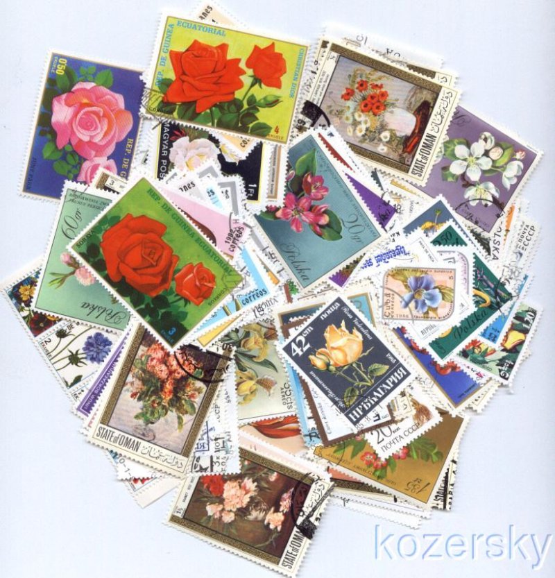 Flowers on Stamps, Topical Stamp Packet,  100 different stamps