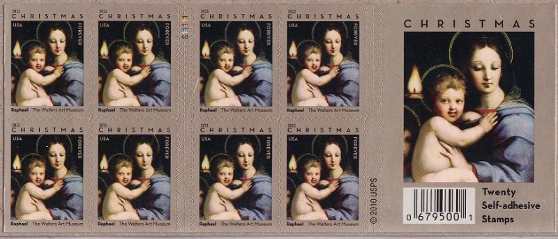 U.S. 4570, Madonna of the Candelabra, 2011 Christmas Stamps, Pane/20, MNH