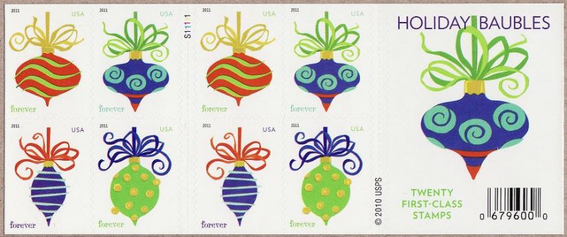 U.S. 4571-74, Holiday Baubles, 2011 Christmas Stamps, Pane/20, MNH