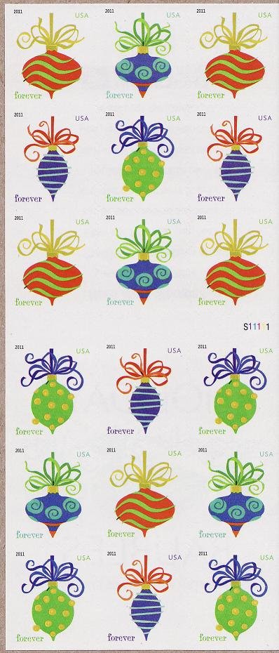 U.S. 4575-78, Holiday Baubles, 2011 Christmas Stamps, ATM Pane/18, MNH