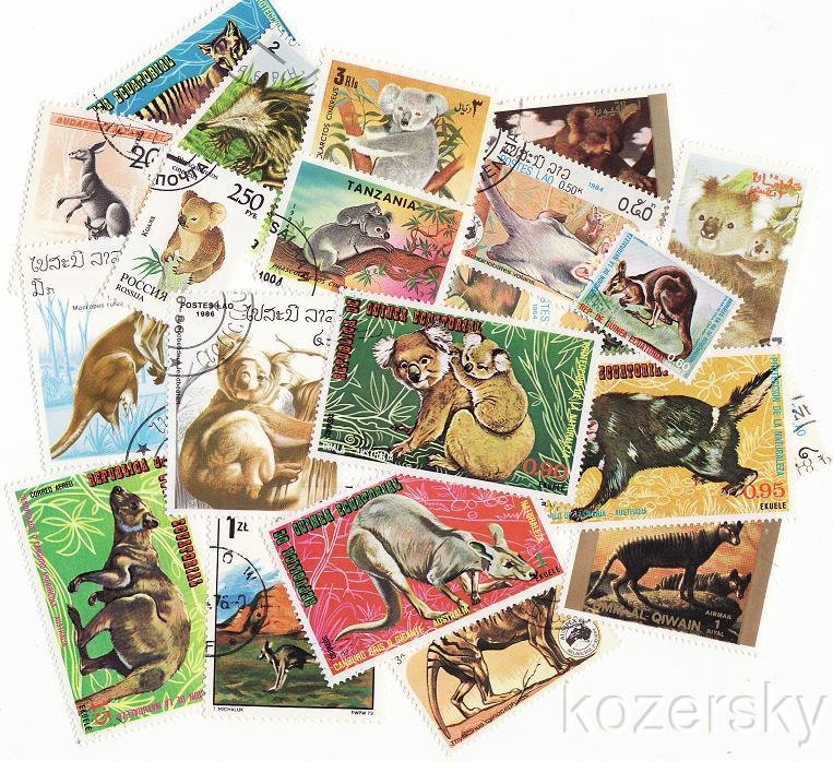 Kangaroos & Marsupials on Stamps, Topical Stamp Packet, 25 different stamps