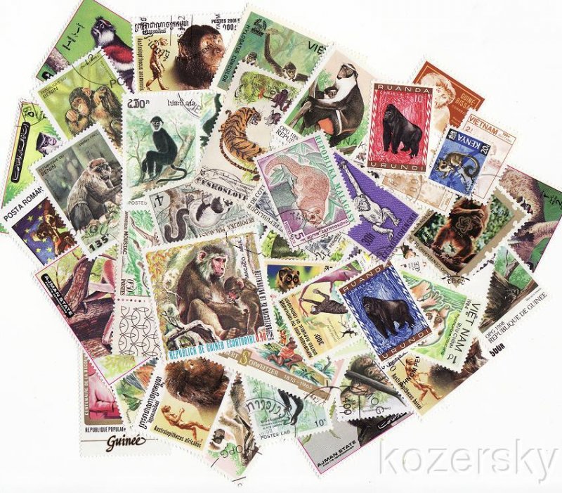 Monkeys & Apes on Stamps, Topical Stamp Packet,  50 different stamps