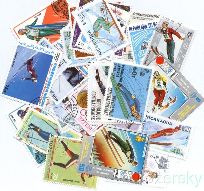 Ski, Skiing on Stamps, Topical Stamp Packet,  25 different stamps