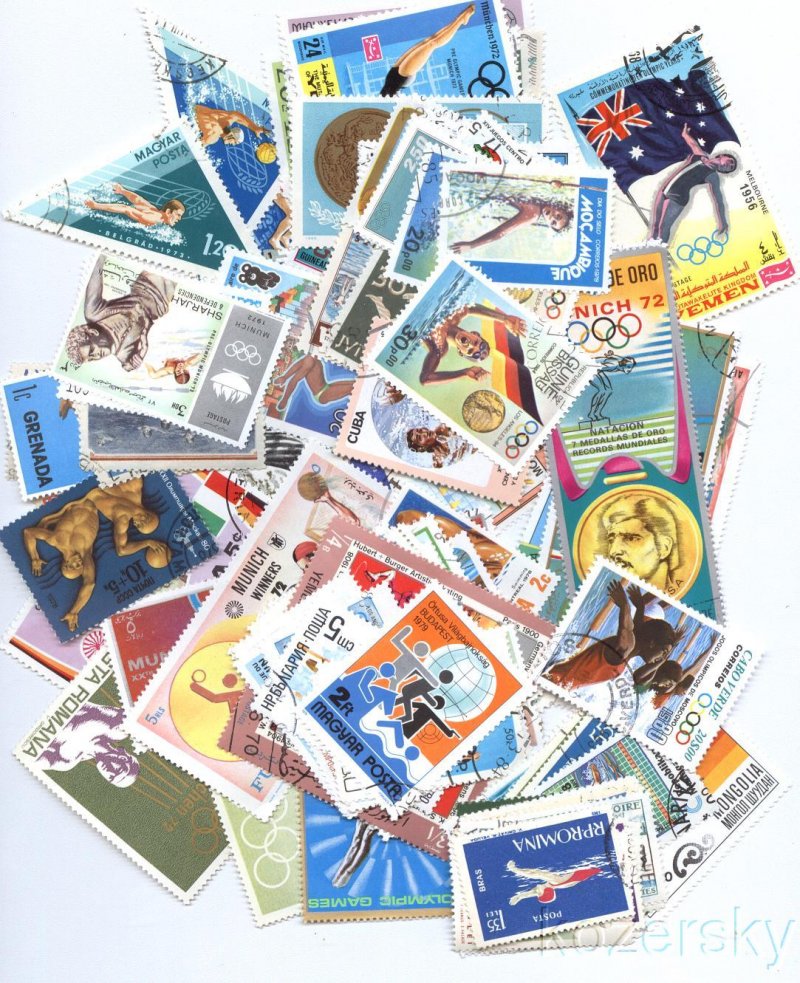 Swimming on Stamps, Topical Stamp Packet,  50 different stamps
