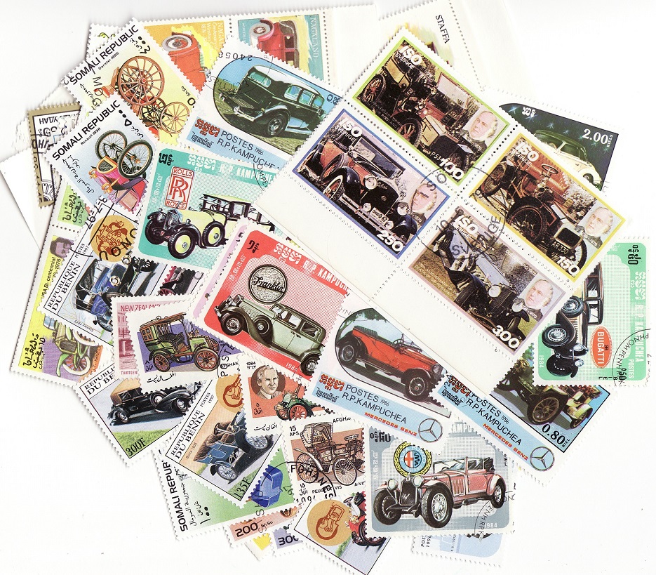  Vintage Autos on Stamps, Topical Stamp Packet, 100 different stamps 