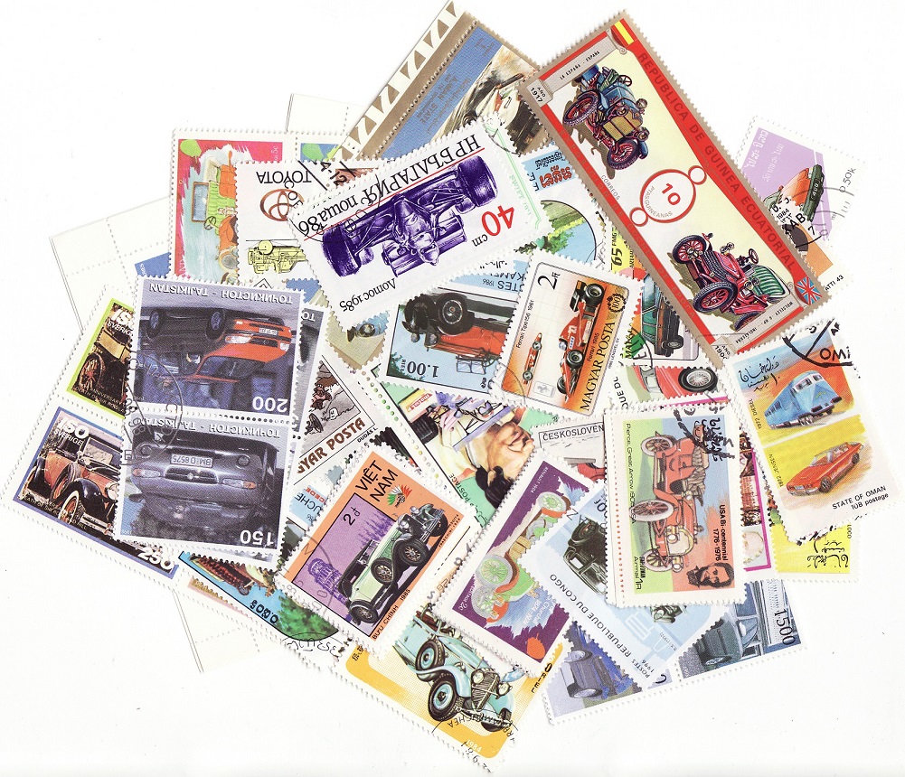  Sports Cars & Race Cars on Stamps, Topical Stamp Packet, 100 different stamps