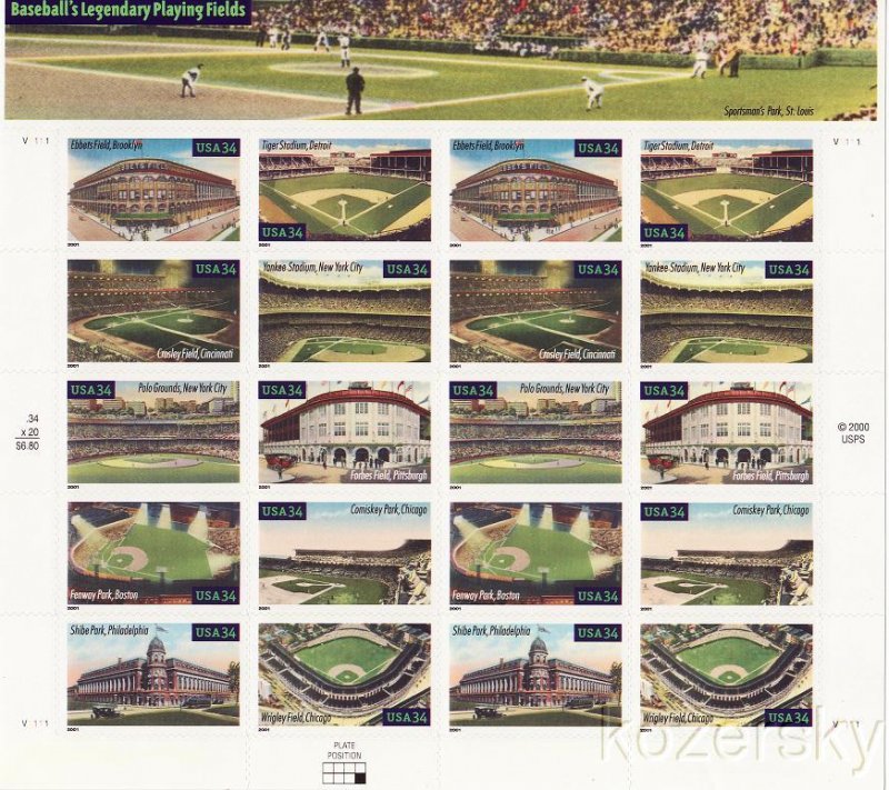 U.S. 3510-19, Baseball's Legendary Playing Fields, Sheet/20, Mint