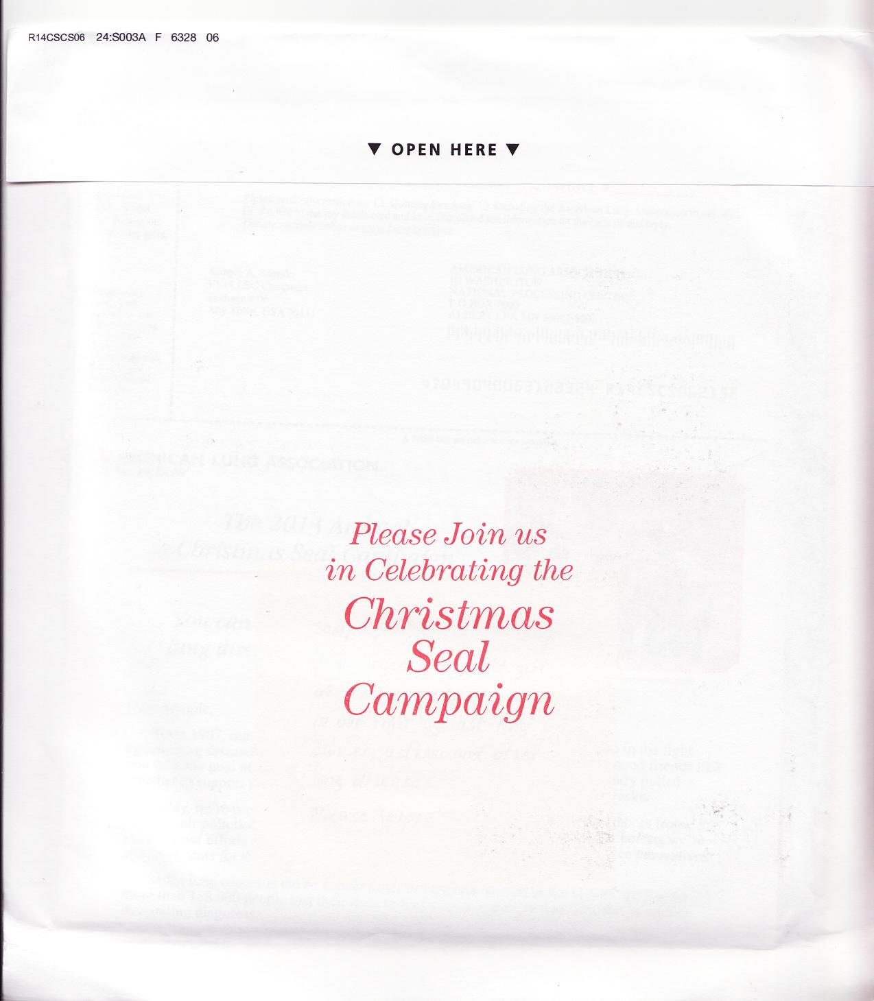 113-T1.2, 2013 ALA U.S. Test Design Christmas Seal Campaign Packet, reverse of packet