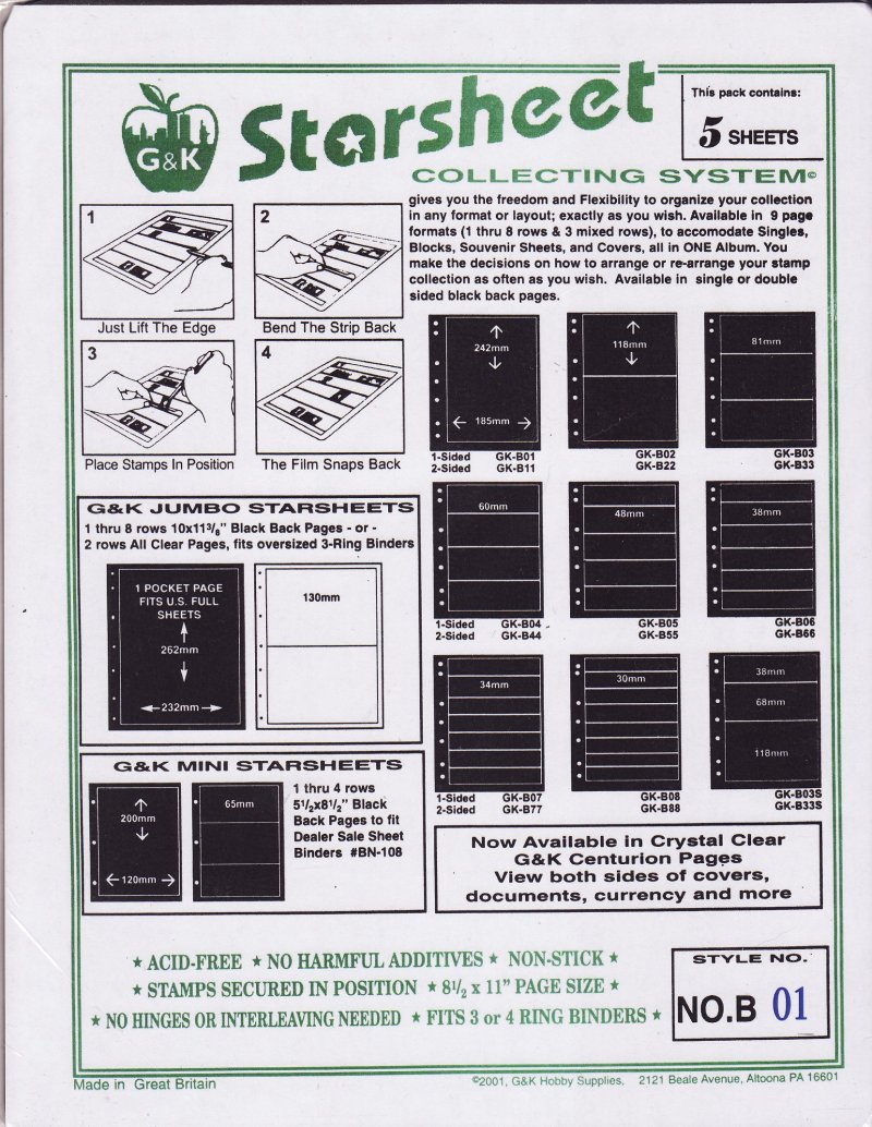 G&K Starsheet Stamp Stock Sheets 1 Row,  single-sided