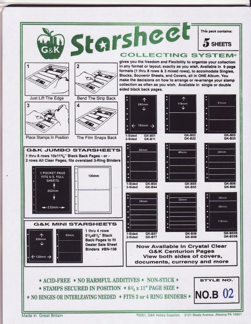 G&K Starsheet Stamp Stock Sheets 2 Row,  single-sided