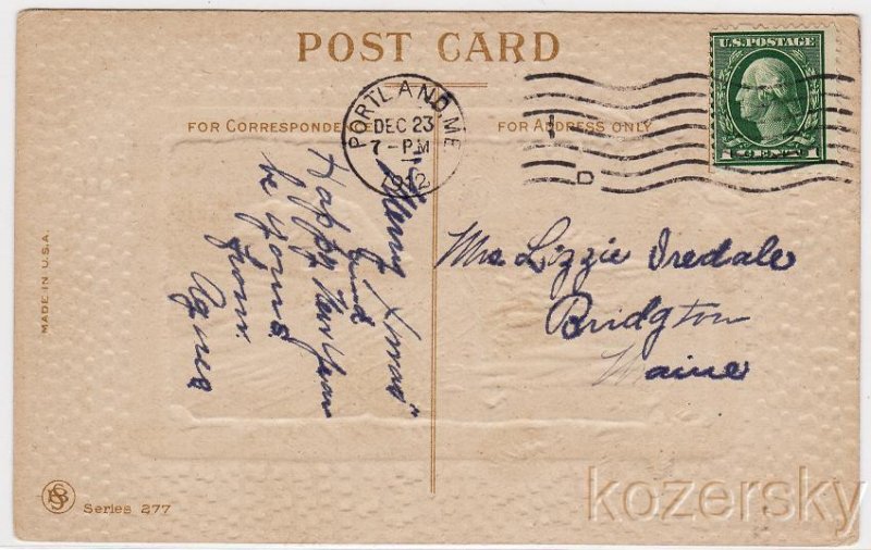 Christmas Postcard, 1912 Portland Maine Postmark