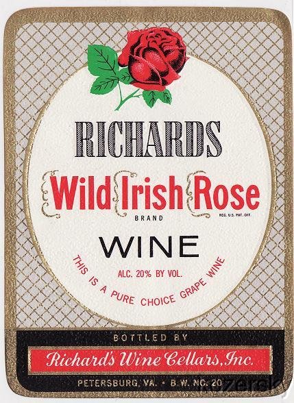Richards Wild Irish Rose Brand, Red and White Wine Labels