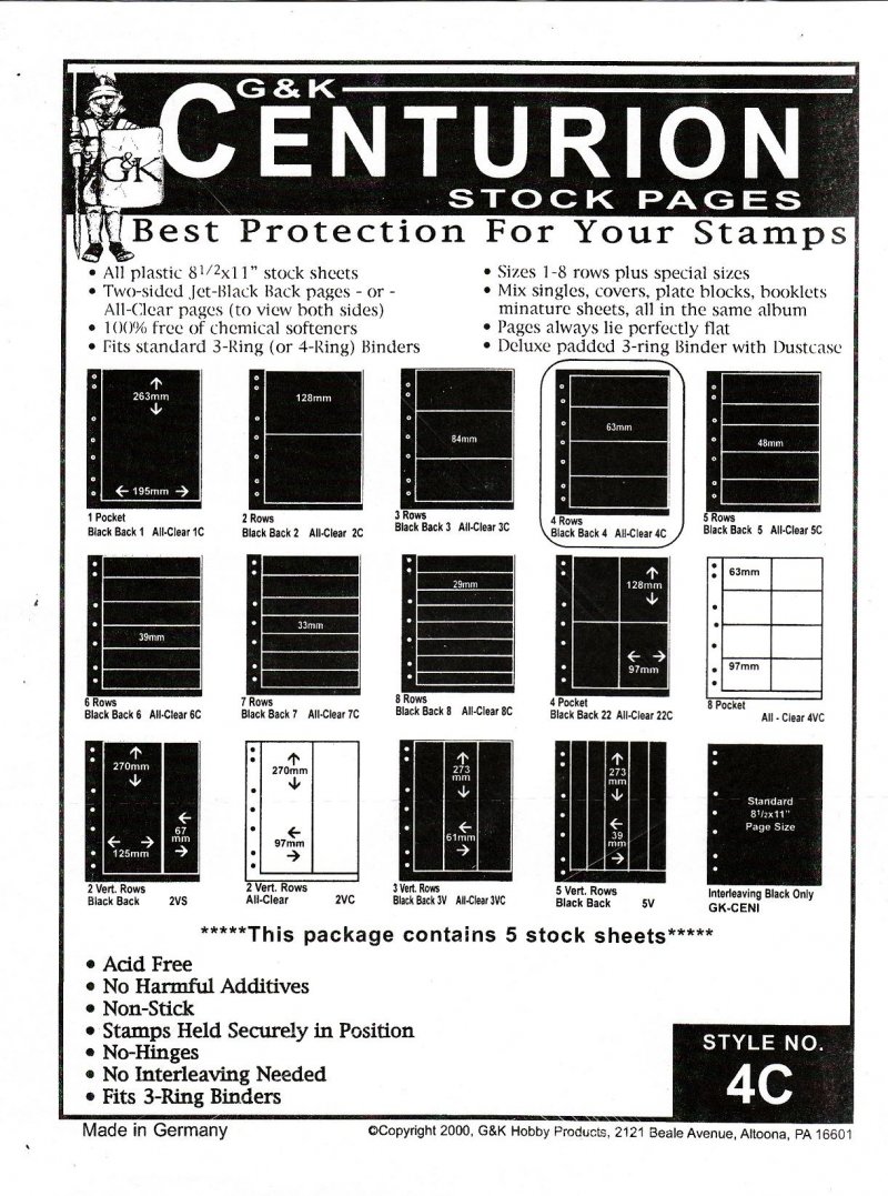 G&K Centurion Stamp Stock Sheets, 4 Row Clear 