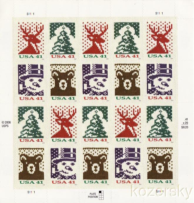 U.S. 4207-10, U.S. Holiday Knits, 2007 Christmas Stamps, Pane/20, MNH