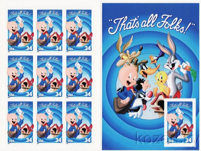 U.S. 3534, Porky Pig, That's All Folks Pane/10, Mint