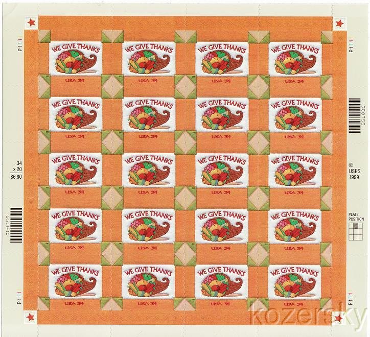 U.S. 3546, Thanksgiving, We Give Thanks Sheet/20, Mint