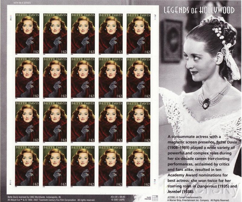 U.S. 4350, Legends of Hollywood, Bette Davis, Sheet/20, Mint