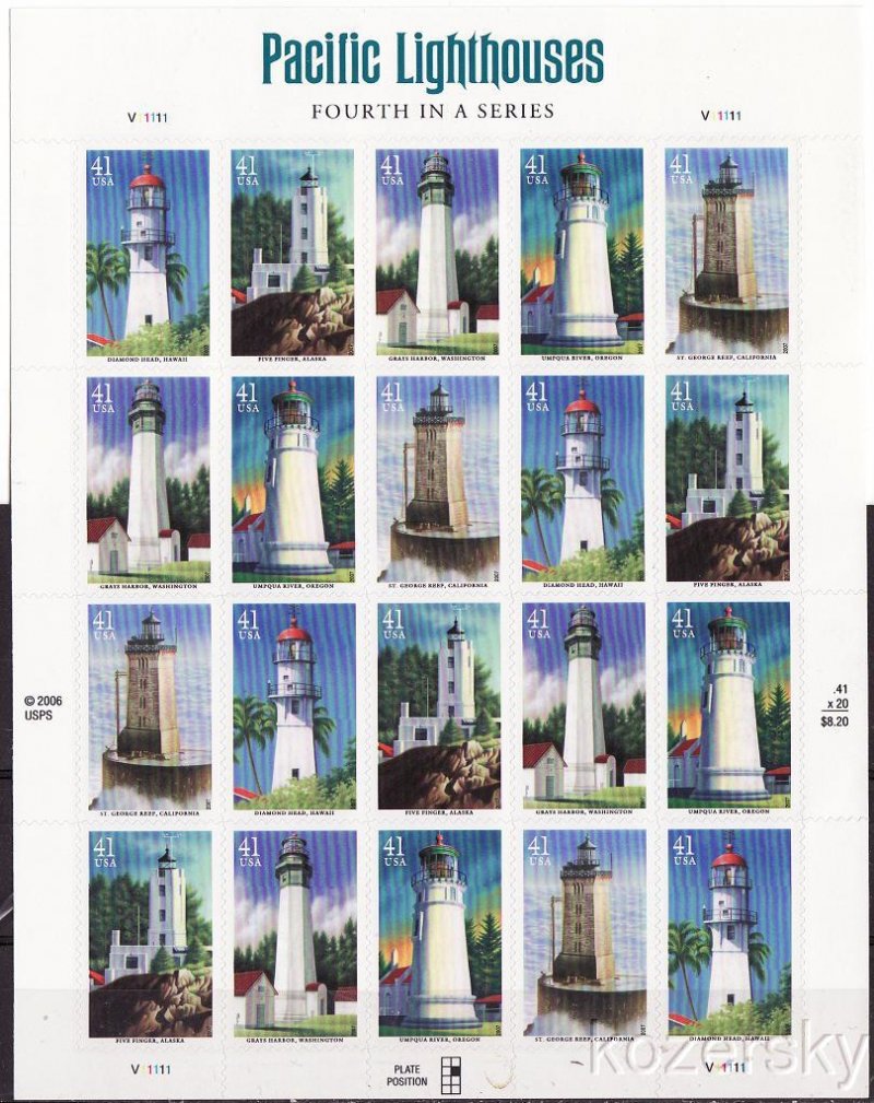 U.S. 4146-50, Pacific Lighhouses, Lighthouse Series, Sheet/20, Mint