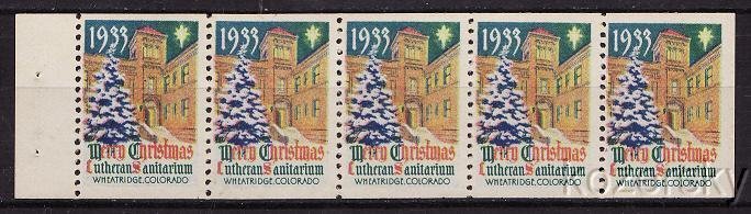 1033x, 1933 Lutheran Sanitarium, Wheat Ridge TB Charity Seals,  pane of 5 seals