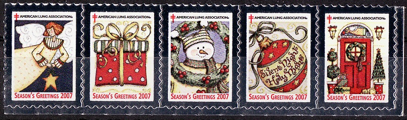 2007-1, 2007 U.S. Christmas Seals, As Required, Strip of 5