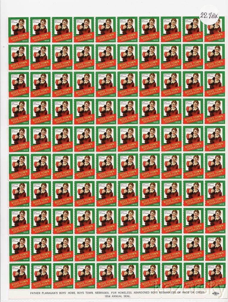 Boys Town 22. 7Bx, 1954 Boys Town Christmas Charity Seals Sheet, Type 2