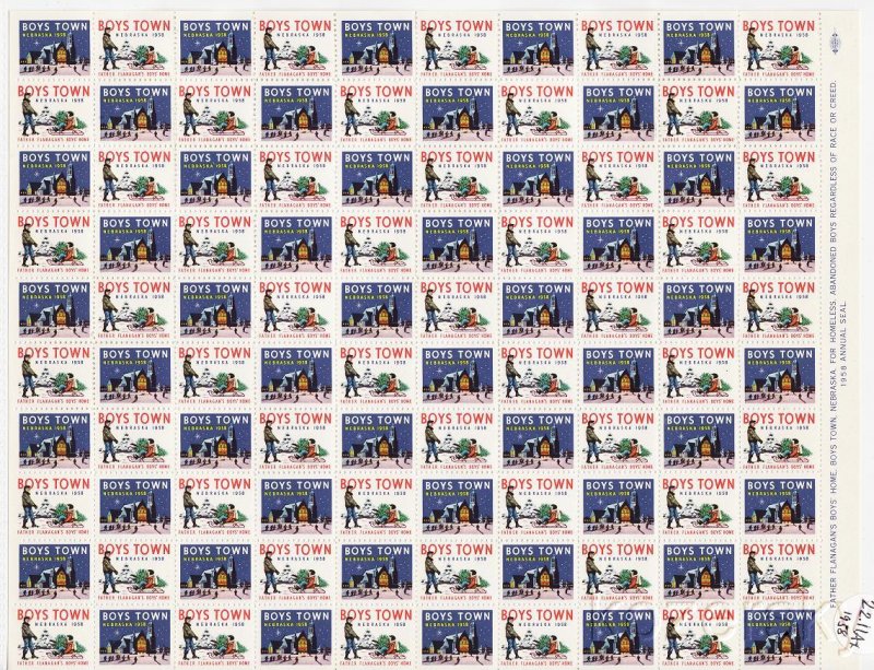 Boys Town 22.11Ax, 1958 Boys Town Christmas Charity Seals Sheet, Type 1