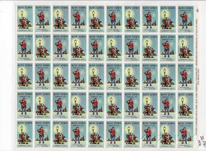 Boys Town 22.23x1, 1970 Boys Town Charity Seals, Type 1, Sheet/50