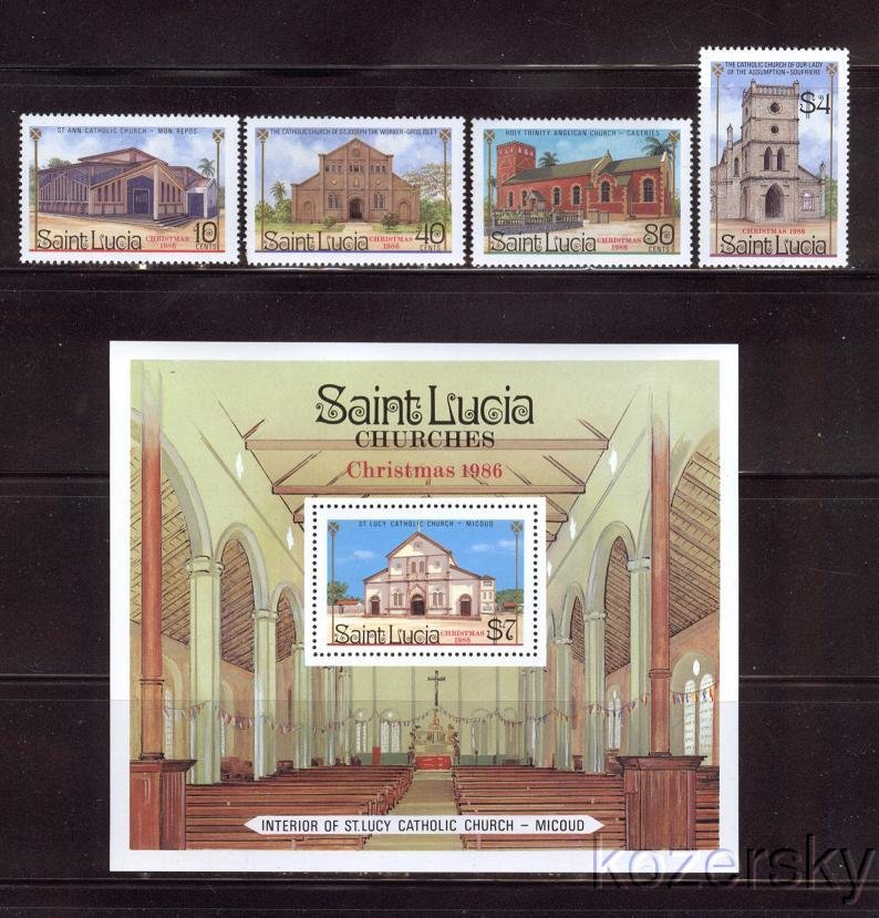 St. Lucia 867-71, St. Lucia Churches, Christmas Stamps 1986, MNH