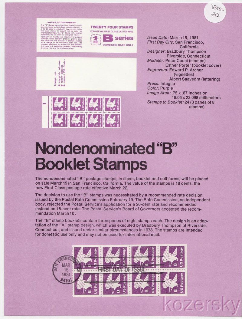 U.S. 1818-20, Nondenominated B Booklet Stamps, USPS Souvenir Page