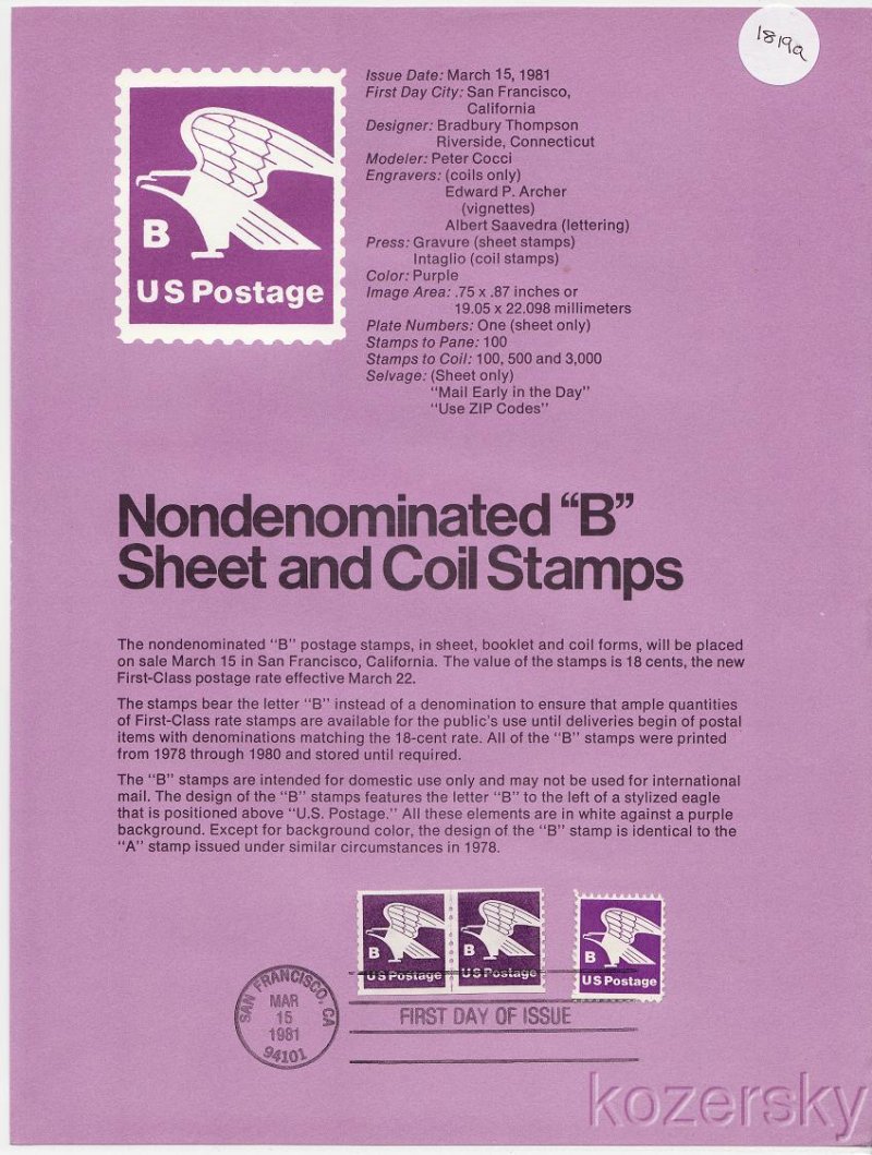 U.S. 1819a, Nondenominated B Sheet and Coil Stamps, USPS Souvenir Page