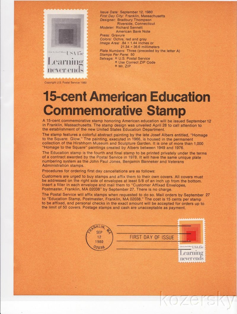 U.S. 1833, American Education Stamp USPS Souvenir Page