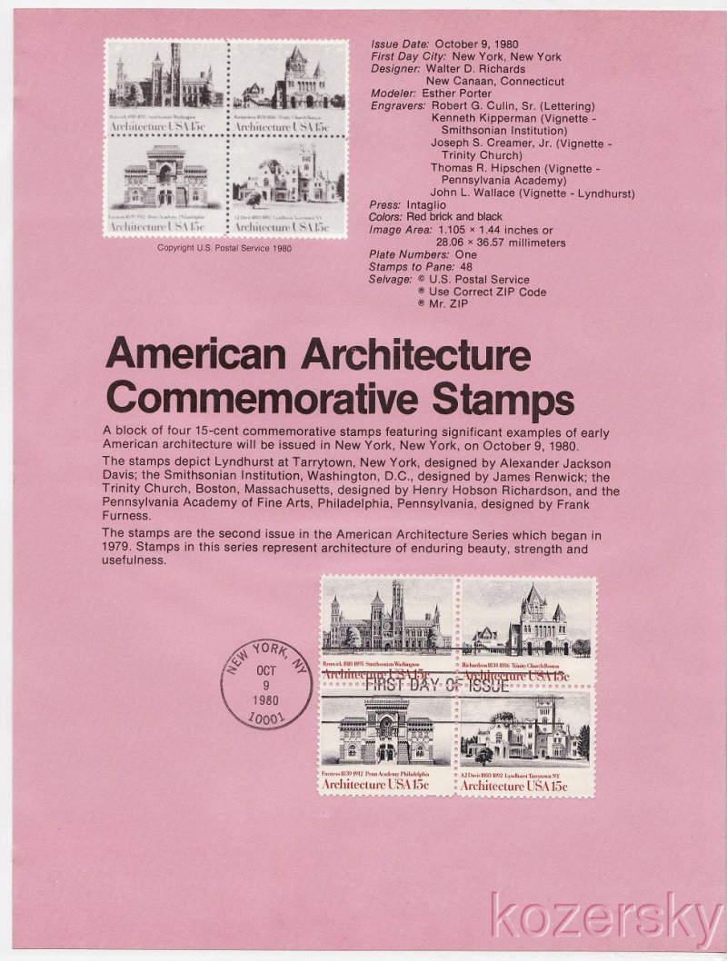 U.S. 1838-41, Architecture Commemorative USPS Souvenir Page